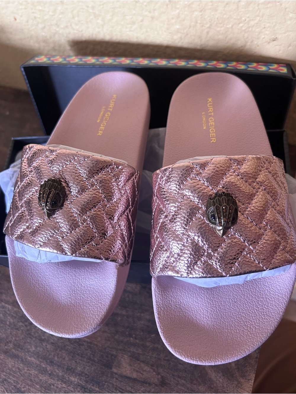 Kurt Geiger Rose Gold Quilted Metallic Slide Sandals
